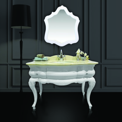 47″ Gloss White Vanity with Sofitel Gold Marble Top, Crystal Pulls and Matching Mirror </br></br>GM1042VT-GW-SGT/GM1042MR-GW NEW MODEL</BR>