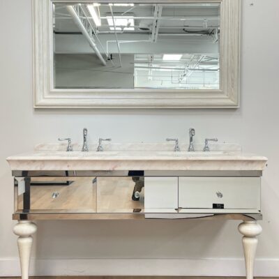 57″ Mirrored Double Vanity with Rainbow Rose Marble Top and Glass Knobs </br></br>H03DVT-WW-RRT  DISPLAY MODEL</br>
